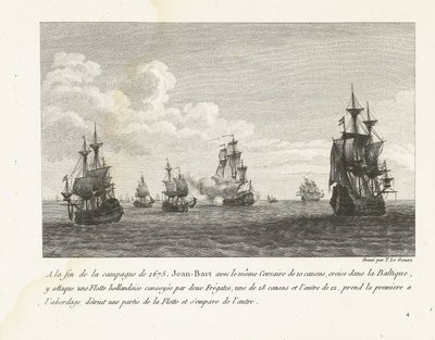 Jan Bart valt Hollandse schepen in de Baltische zee aan, 1675 I slutningen af ​​felttoget i 1675 angreb Jean-Bart med den samme Corsair på 10 kanoner, krydstogter i Østersøen, der en hollandsk flåde (...) (titel på objektet) Samling af Jean-Bars kampe af Yves Marie Le Gouaz
