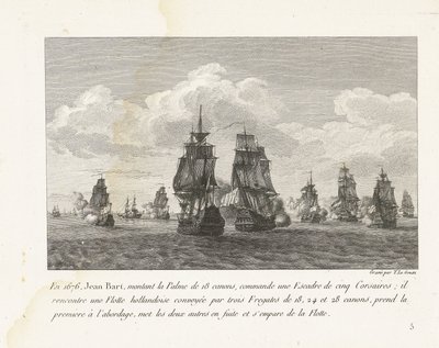 Jan Bart valt met zijn eskader een Hollandse vloot aan, 1676 I 1676 kommanderede Jean Bart, der satte sig på 18-kanoner Palme, en eskadron på fem Corsairs (...) (titel på objektet) Indsamling af kampene fra Jean-Bart, eskadronchef under Louis XIV (serietit af Yves Marie Le Gouaz
