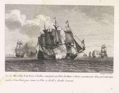 Jan Bart valt twee Engelse schepen aan, 1689 Den 22. maj 1689 stødte Jean-Bart og Forbin, der transporterede en flåde fra Le Havre til Brest, på to store engelske fartøjer, Jean-Bart beslutter sig for at redde sin flåde at nærme sig fjenden (titel på objek af Yves Marie Le Gouaz