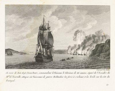 Jan Bart valt zes Hollandse schepen aan voor de kust van Portugal, 1693 I juni 1693 angreb Jeaan-Bart, der kommanderede Vaisseau le Glorieux med 66 kanoner (...) seks hollandske krigsskibe (...) på Portugals kyst (titel på objekt) Rec af Yves Marie Le Gouaz