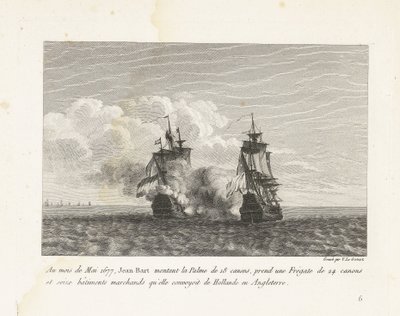 Jan Bart verovert een Hollands fregat, 1677 I maj måned 1677 satte Jean-Bart op på 18-kanoner Palme, tog en 24-kanon fregat og seksten handelsskibe, som hun konvojerede fra Holland til England (titel på objekt) Samling af Jeas kampe af Yves Marie Le Gouaz