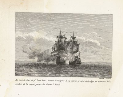 Jan Bart verovert een Hollands fregat, 1678 I marts 1678 gik Jean-Bart, der kørte på 14-kanon Dauphin, om bord på et 32-kanon hollandsk fartøj, kystvagt foran Texel (titel på objekt) Indsamling af kampene fra Jean-Bart, chef for Es af Yves Marie Le Gouaz