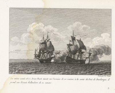 Jan Bart verovert een Hollands fregat bij Duinkerke, 1675 I samme år, 1675, monterede Jean-Bart en 10-kanoners Corsair; ved udgangen af ​​havnen i Dunkerque tager han en hollandsk fregat på 12 kanoner (titel på objektet) Samling af kampene af Jean-Bart, ch af Yves Marie Le Gouaz