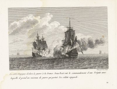 Jan Bart verovert een Spaans schip med 350 soldater aan boord, 1683 I 1683 erklærede Spanien krig mod Frankrig, Jean-Bart havde kommandoen over en fregat, med hvilken han tog et krigsskib med 350 spanske soldater (titel på obje) af Yves Marie Le Gouaz