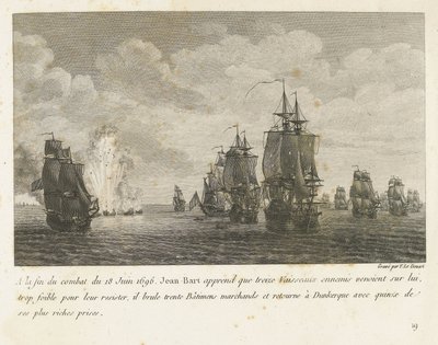 Treffen mellem en vloot under Jan Bart en en Hollandse vloot, 1696 I slutningen af ​​kampen den 18. juni 1696 får Jean-Bart kendskab til, at tretten fjendtlige fartøjer (...) og vender tilbage til Dunkerque med femten af ​​sine rigeste præmier (titel på ob af Yves Marie Le Gouaz