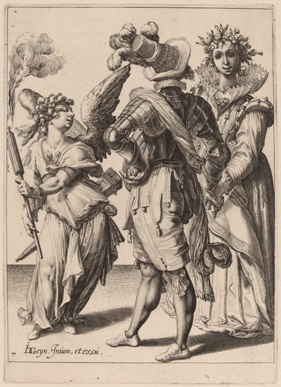 En amor med bind for øjnene, der holder en fakkel foran et par af Zacharias Dolendo after Jacques de Gheyn II