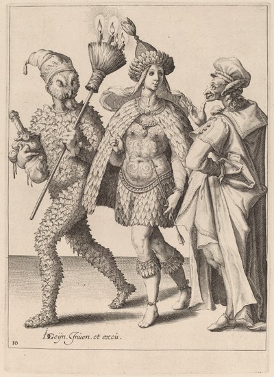 En gammel mor til et par klædt i fjer af Zacharias Dolendo after Jacques de Gheyn II