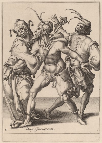 Tre dansende mummere, inklusive en nar af Zacharias Dolendo after Jacques de Gheyn II