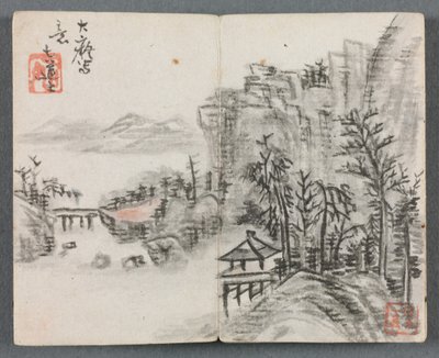 Miniaturealbum med figurer og landskab (Cliff Landscape with Bridge) af Zeng Yandong
