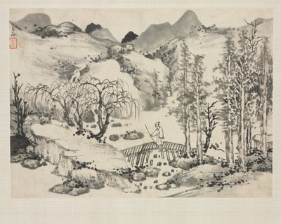 Landskabsalbum i forskellige stilarter: Landskab med kunstner på en bro, 1684. af Zha Shibiao