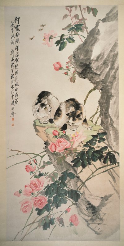 Katte på en klippe med roser af Zhang Cheng