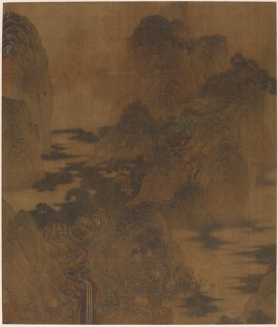 Landskab: bjergkløft, tåge, en bæk og bygninger, Ming-dynastiet, 1600-tallet. af Zhang Hong