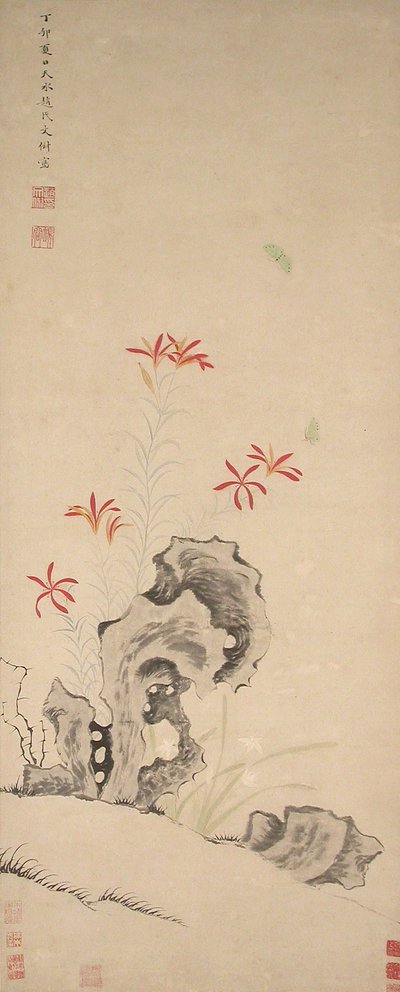 Rock, Tiger Lily and Orchid, dateret 1627. af Zhao Wenchu