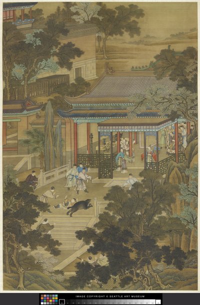 Jieyu forsvarer kejseren fra en bjørn, ca. 1740 (blæk og farve på papir) af Zhidao Cheng