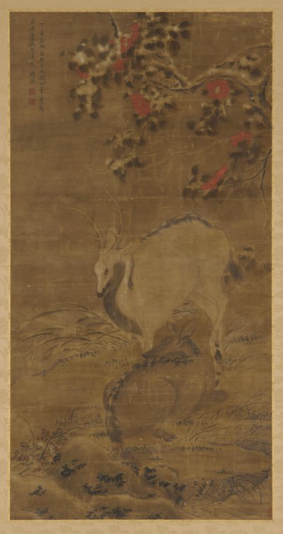 En kronhjort, en då og røde kameliaer i sne, 1367. af Zhou Yuan