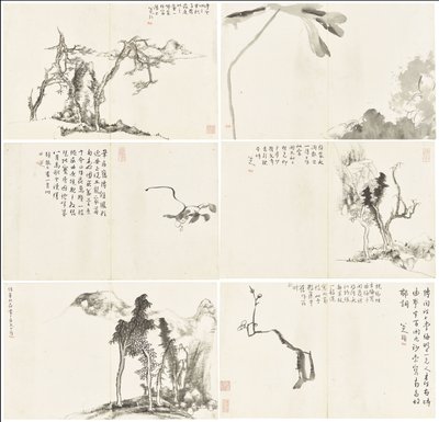 Landskaber og blomster, album med seks blade af Zhu da Bada Shanren