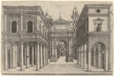 En gade med forskellige bygninger, søjlegange og en bue, ca. 15001510. af Zoan Andrea