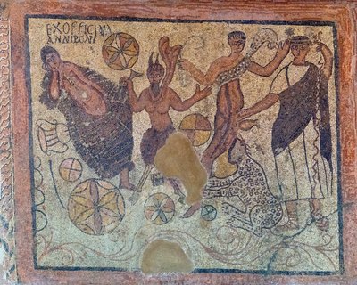 Romersk mosaik fra det 4. århundrede e.Kr., der afbilder en Bacchic scene., 2021 (foto) af . .
