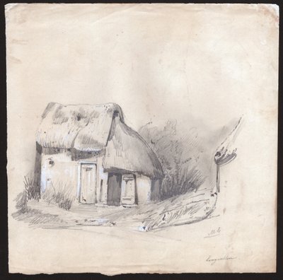 Et stråtækt sommerhus i centrum af Frankrig. ca. 1830 (illustration) af . .