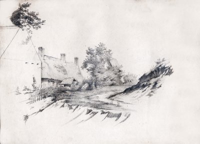 Et stråtækt bondehus i det centrale Frankrig. ca 1850 (tegning) af . .