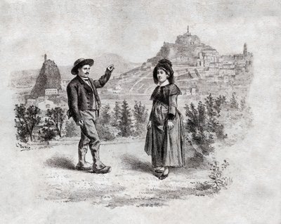 Auvergnats danser fyldet i Puy en Velay, Frankrig. omkring 1900 (gravering) af . .