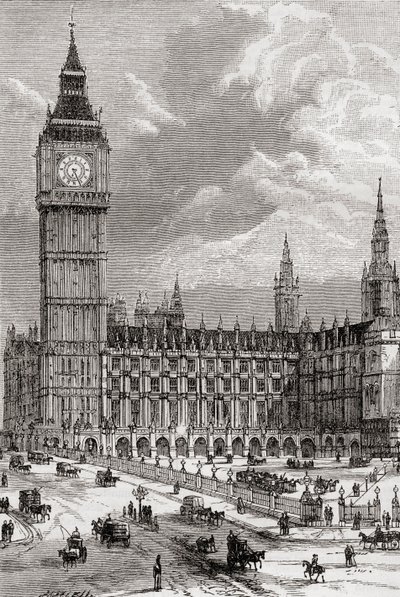 Big Ben and the Houses of Parliament, London, England, set her i det 19. århundrede. af . .