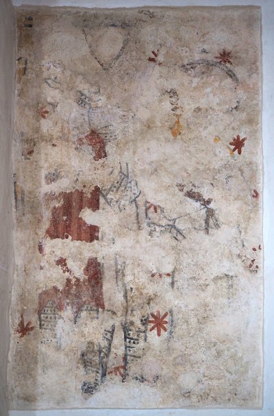 Bourgogne, Lancharre, kommune Chapaize 71460. I kirken Notre Dame, vægmaleri. To riddere i ringbrynje (fresco) af . .