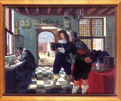 Ur- og urmagere Christiaan Huygens i Salomon Costers urmagerbutik af Frederick (attr. to) Barnard