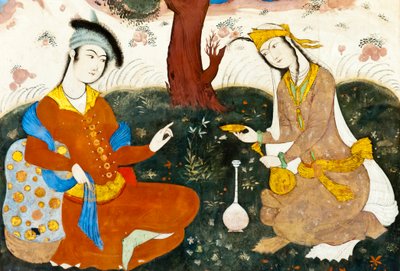 Fresco; to elskere; persisk miniature; Chehel Sotoun; Fyrre Søjler Palace; Isfahan; Iran; Asien af Frederick (attr. to) Barnard