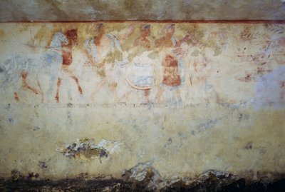 Begravelsesoptog med dansere og musikere, fresco, Tomb of Blue Demons, Necropolis of Tarquinia (UNESCO World Heritage List, 2004), Lazio, Italien Etruskisk civilisation, 5. århundrede f.Kr. af Georg Carl Heinrich Dollmann
