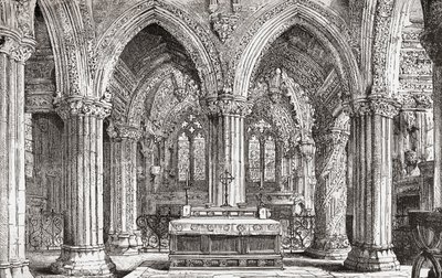 Interiør af Rosslyn Chapel, Roslin, Midlothian, Skotland. af . .