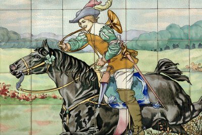 Indvendigt billede, flisepanel, maler Furcy Ernest Tondeur, eksekutør Boch Frères La Louvière, andet panel viser jagtscene med galopperende rytter med jagthorn af . .