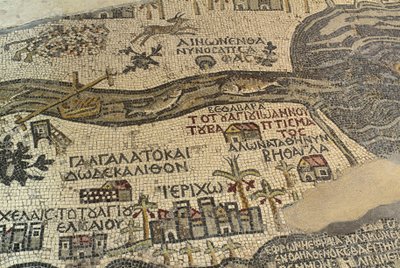 Jericho og dets omgivelser, herunder floden Jordan og Det Døde Hav, detalje af Det Hellige Land-kort, gulvmosaik, ca. 560 e.Kr., apsis fra Basilica of Saint George, Madaba, Jordan, Byzantinsk civilisation, 6. århundrede e.Kr. af School Lebanese