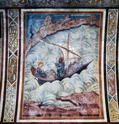 Jesus beroligende storm, fresko på hvælvingen af Thari-klosteret, Rhodos-øen, Grækenland af Georg Carl Heinrich Dollmann