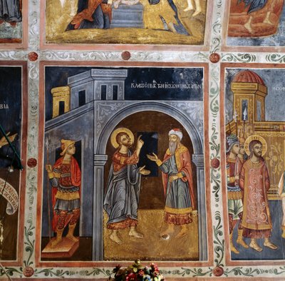 Jesus taler til Pontius Pilatus, freskomaleri med scener fra Jesu liv, Mikro Sotiris kloster, Symi-øen, Grækenland (foto) af Georg Carl Heinrich Dollmann
