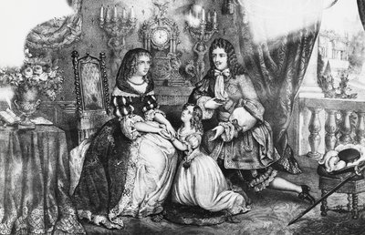 Kong Ludvig XIV og hans datter beder hertuginde Louise de La Valliere om ikke at trække sig tilbage til klosteret af Georg Carl Heinrich Dollmann