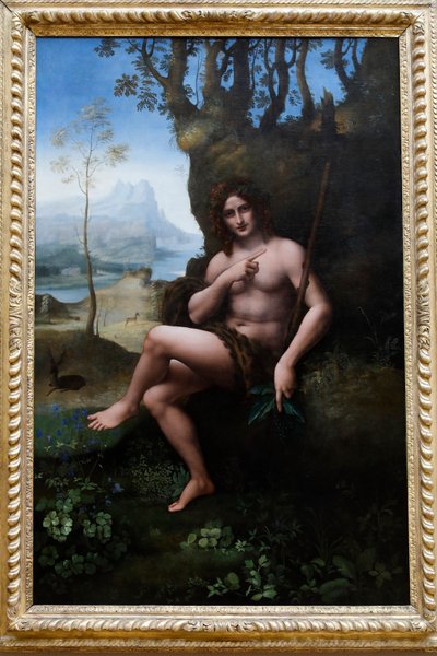 Louvre-museet, Paris, Frankrig. Leonardo da Vincis værksted, krediteret til Francesco Melzi, Sankt Johannes Døberen, olie på panel overført til lærred, ca. 1510-1520. af . .
