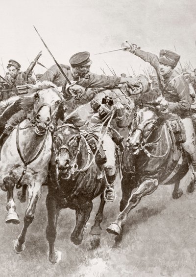 Monteret kamp mellem russiske kosakker og tysk kavaleri kendt som Dødens Husarer en Schwansfeld, mellem Korschen og Bartenstein, Østpreussen, august 1914 under Første Verdenskrig, fra La Esfera af Ferdinand Georg Waldmuller