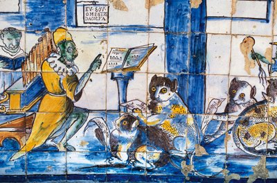 Musiklektion med antropomorfe katte og mus, azulejos-fliser, haver ved Palace of Marquis de Fronteira af William Walcutt