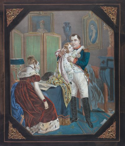 Napoleon og kejserinde Marie-Louise med kongen af Rom, ca. 1860 (litografi) af . .
