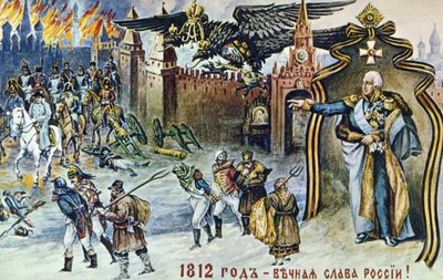 Napoleonskrigen i 1812, skildring af Napoleons tilbagetog fra Moskva, der bliver overvåget af den kejserlige russiske tohovedet ørn og zar Alexander I. af Frederick (attr. to) Barnard