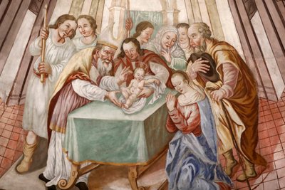 Our Lady of the Assumption of Cordon Church. Fresco. Kristi omskærelse. Frankrig. Frankrig. af . .
