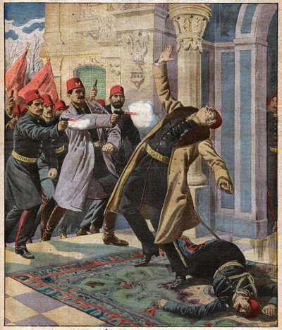 Osmannisk statskup: Enver Pasha og CUP invaderer det kejserlige palads og dræber minister Nazin Pasha, 9. februar 1913 af Ferdinand Georg Waldmuller