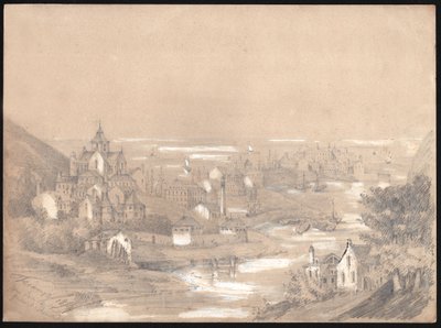 Panorama af byen Fecamp, Normandiet. 1841 (Tegning) af . .