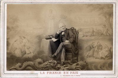 Paris Kommune: "Frankrig i fred"" portræt af Louis Adolphe Thiers (1797-1877) siddende på dragens sandsynligt symbol på kommunen af Frederick (attr. to) Barnard