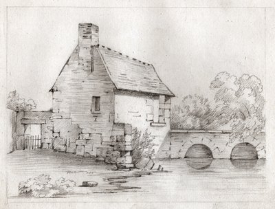 Bondehus på kanten af en flod. omkring 1830 (illustration) af . .