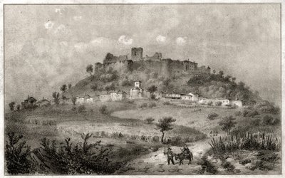 Ruinerne af slottet Preny, Lorraine. ca. 1860 (gravering) af . .