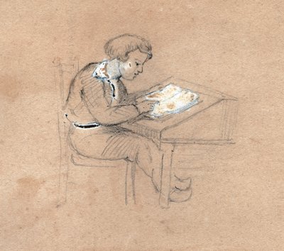 Skoledreng på arbejde på sit skrivebord. omkring 1830 (illustration) af . .