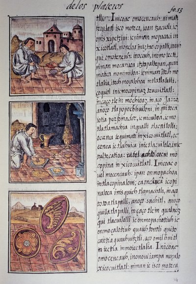 Bordservice og skjoldproduktion, side fra den florentinske Codex, tosproget version på spansk og Nahuatl, General History of the Things of New Spain, af den spanske missionær Fray Bernardino de Sahagun. Aztekisk civilisation af Georg Carl Heinrich Dollmann