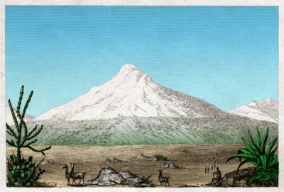 Chimborazo-vulkanen fra plateauet Tapia, Ecuador. omkring 1840 (gravering) af . .